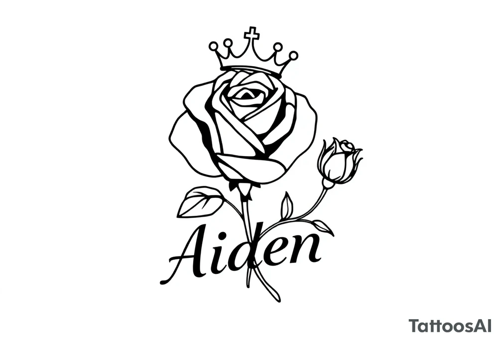 Rose with no stem with a kings crown above it and the name Aiden large Infront of it going to the right 


A rose bud with a kings crown on-top leaving left tattoo idea