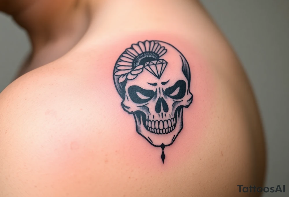 Masculine skull with a diamond and daisy tattoo idea