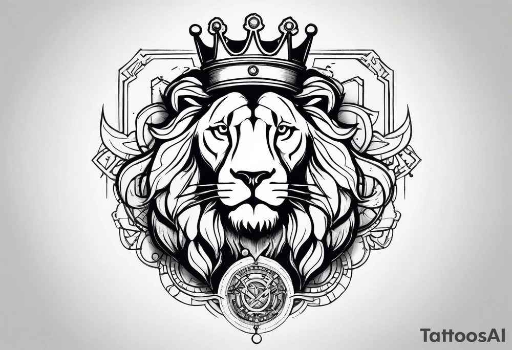 chemistry formula combined with a sword and a lion wearing a crown tattoo idea