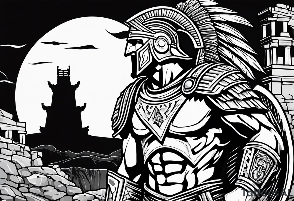 Side profile of spartan soilder with ancient ruins in background tattoo idea