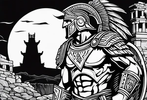 Side profile of spartan soilder with ancient ruins in background tattoo idea