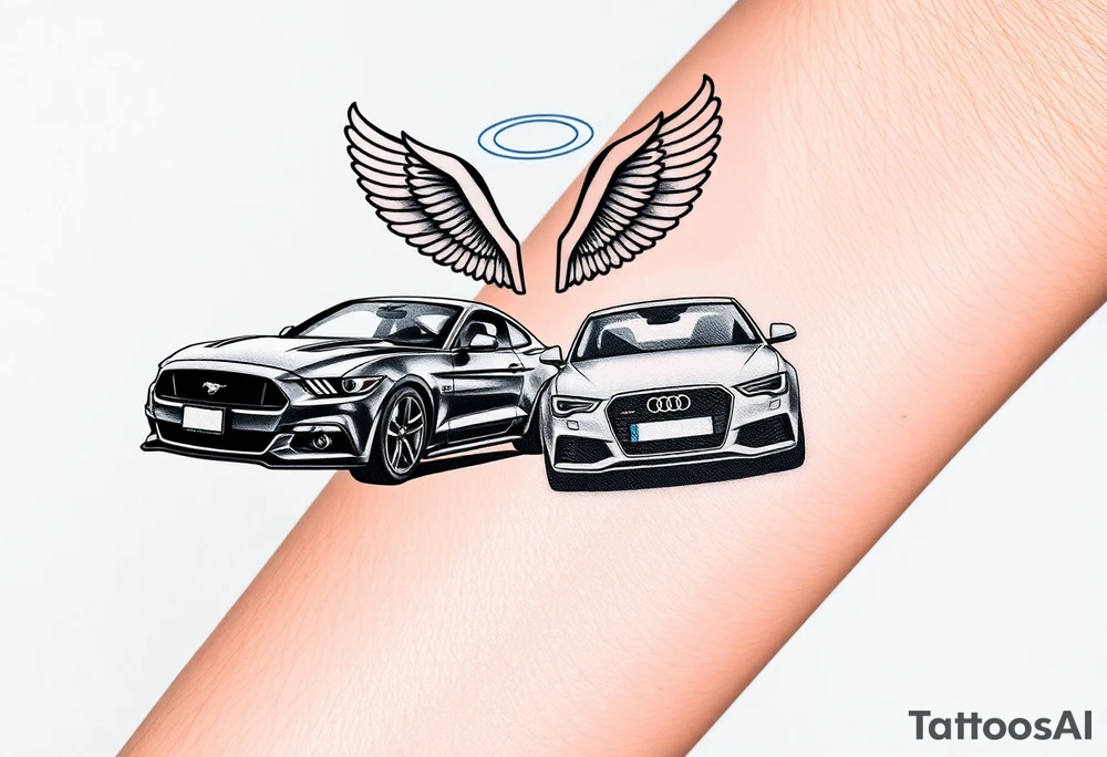 2014 Mustang  driving down highway with 2015 Audi S5 with Angel wings and halo above 2015 Audi S5 tattoo idea