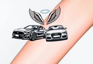 2014 Mustang  driving down highway with 2015 Audi S5 with Angel wings and halo above 2015 Audi S5 tattoo idea