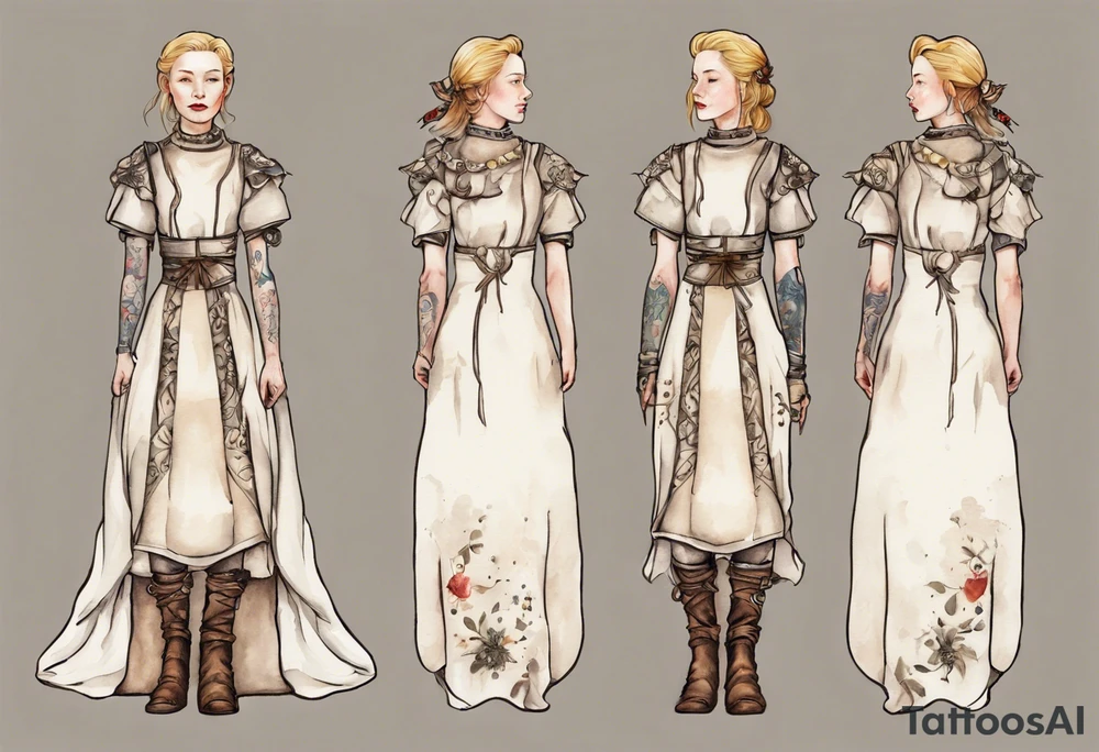 Cate Blanchette wearing white medieval dress and boots tattoo idea