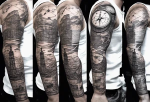 full arm tattoo for man with images of maps and travel and science tattoo idea