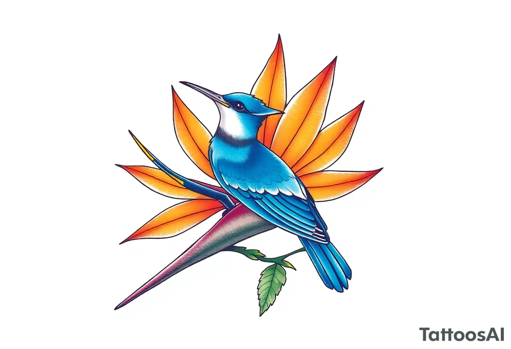 Bird of paradise flower with blue bird tattoo idea