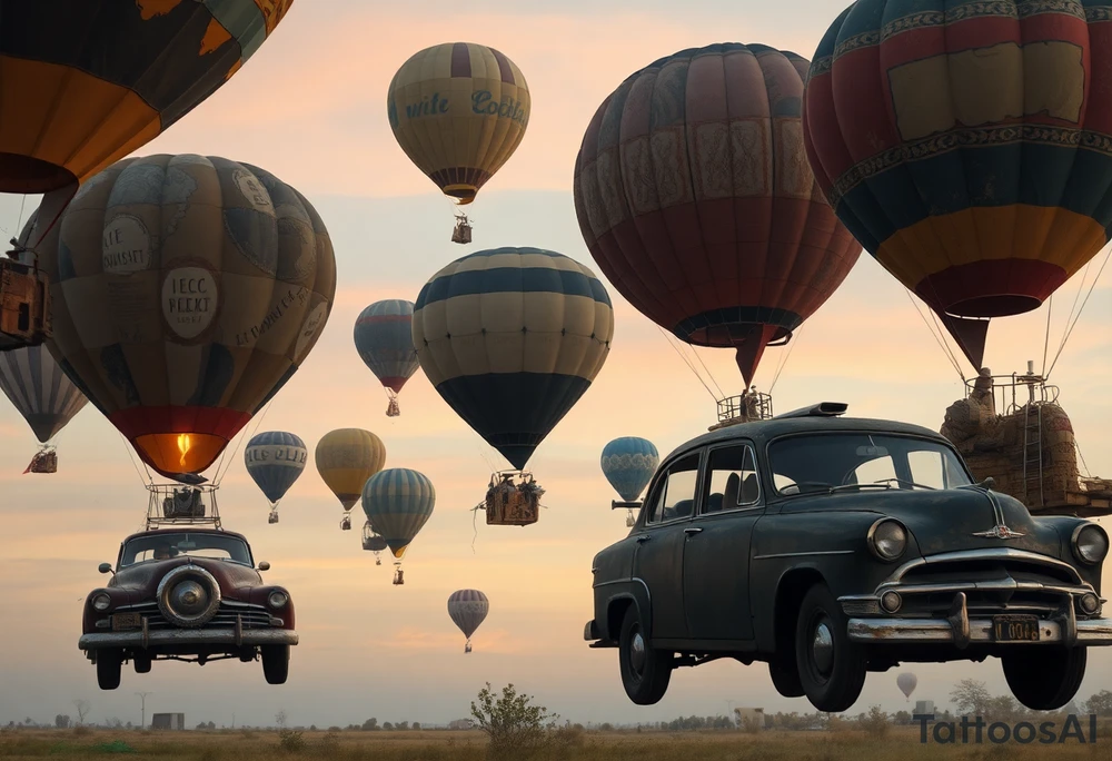 in a very steam punk vibe i want you to make a picture of a bunch of old beat up cars with people lounging in them and garbage and junk all up in and on them, tied to hot air balloons floating in the sky right about dusk and they are as far as the eye can see i want the cars to be floating as if they were the basket to the hot air balloons and the hot air balloons are all different colors and patterns and some are old and patched and i dont want to see the ground at all  i want this to be a scene that is up in the sky with them all floating under the balloons like it is in a dream and every single balloon in the picture is attached to a different old car, and some of the cars you can see people kicked back with thier feet out the window and stuff on the dash of the car, and some with people hanging an arm out hte window some have cigarrette smoke coming out the window, and the balloons all are different but every single car is floating high in the sky and i dont want there to be too many balloons and cars, just a few close together, and the rest ll are smaller and off in the distance 

and it should look like i too am in a car attached to a hot air balloon floating along as well and there should be no ground in sight,... because each one is hiigh in the sky, on a long voyage together tattoo idea