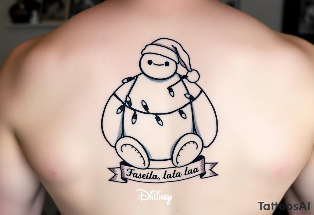 Disney Christmas themed sitting Baymax  wrapped up in Christmas lights and Santa hat with banner at bottom with "Fa-la-la-la-la" in writing. Black and white other than lights and hat. tattoo idea