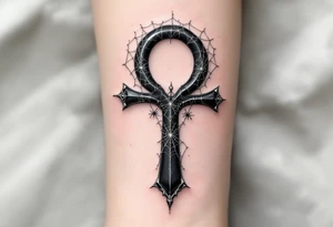 A black onyx Ankh with silver spiderwebs draping over it, adding a mysterious and gothic touch. tattoo idea