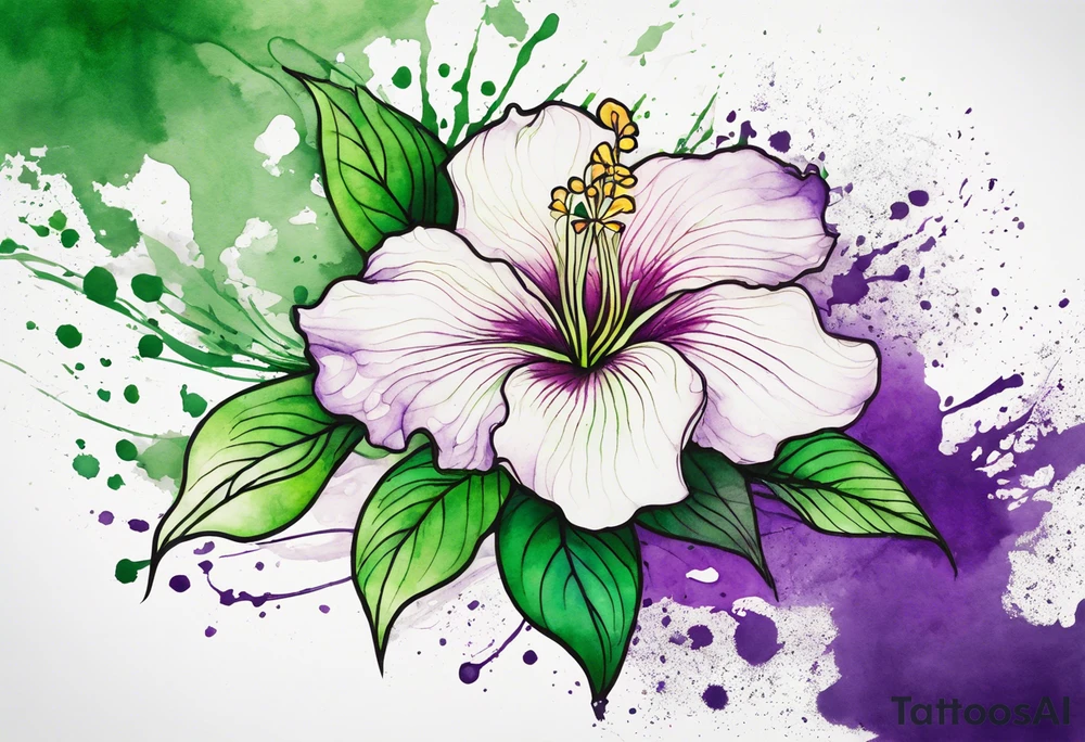 An outline of an only green rio dipladenia flower and a green and purple watercolor splash in the background tattoo idea