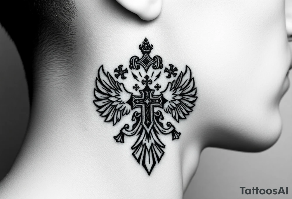 russian coat arms in a russian christian orthodox cross with the cross in the middle with a virgin mary & orthodox dome church on the side of the neck tattoo idea