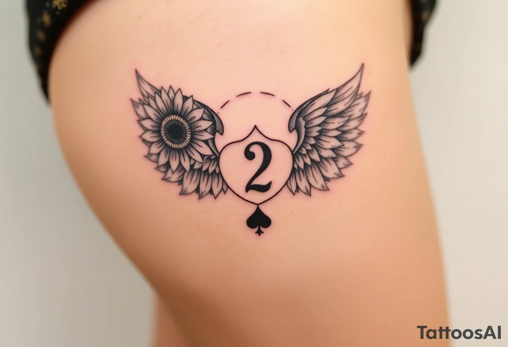 sunflower, wings, or halo with a 2 of clubs tattoo idea
