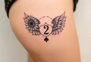 sunflower, wings, or halo with a 2 of clubs tattoo idea