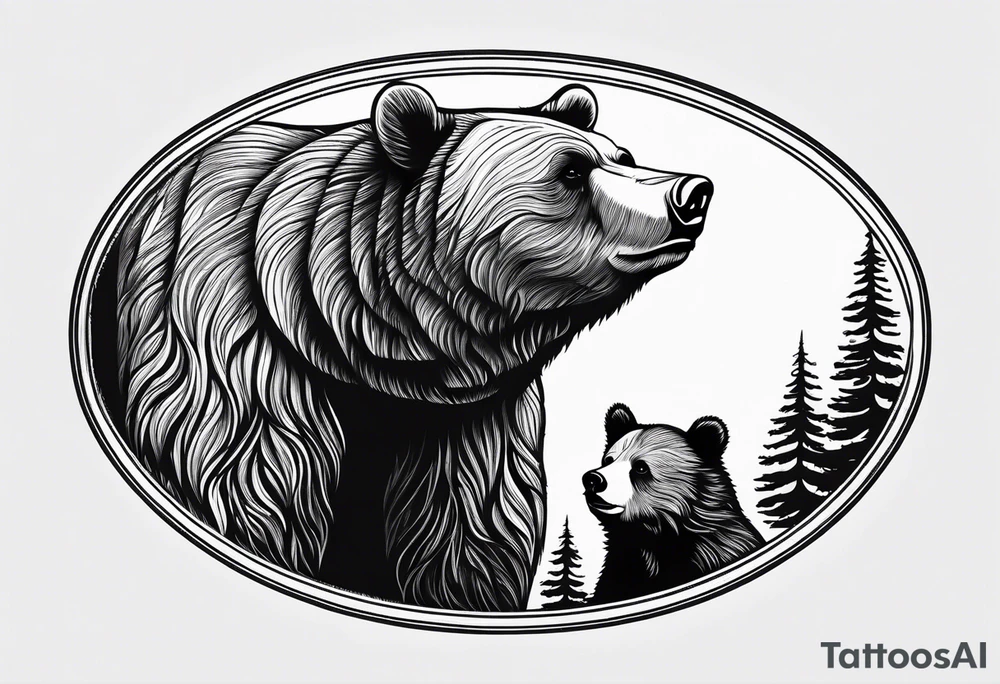 mother bear and cub enclosed in oval looking at each other tattoo idea