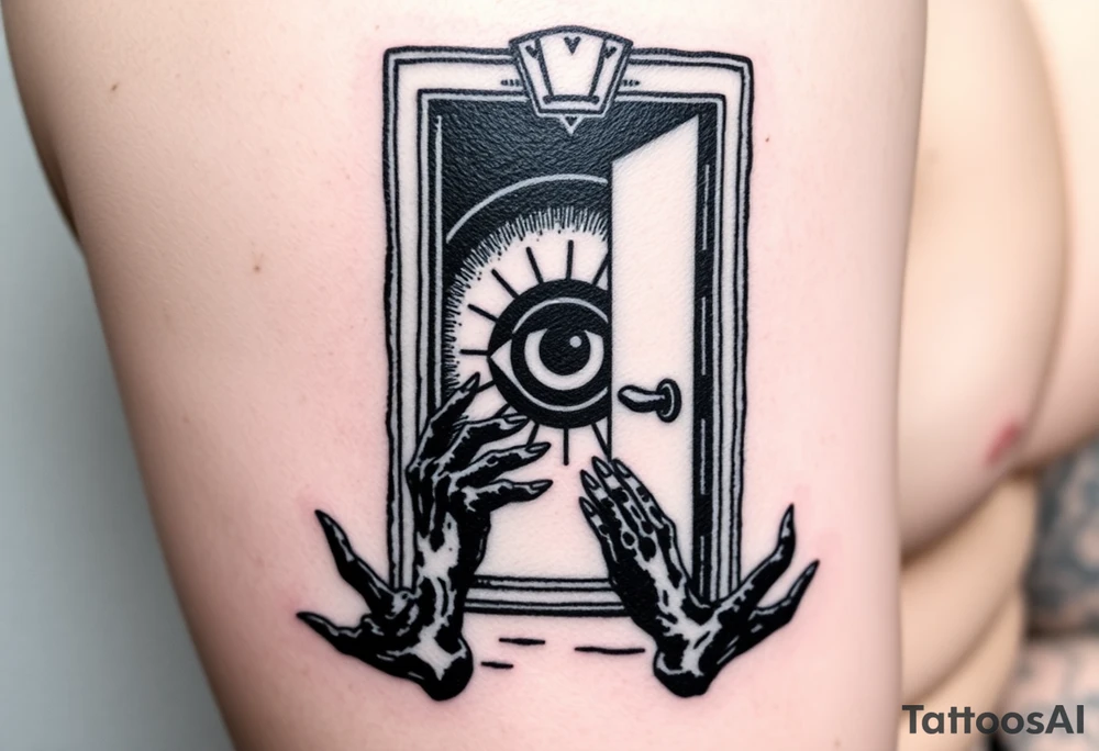 from full metal alchemist :The truth sitting in front of a nearly fully opened door with the eye of god inside the door with all black around it and black hands starting to come out the door stretching to different places tattoo idea