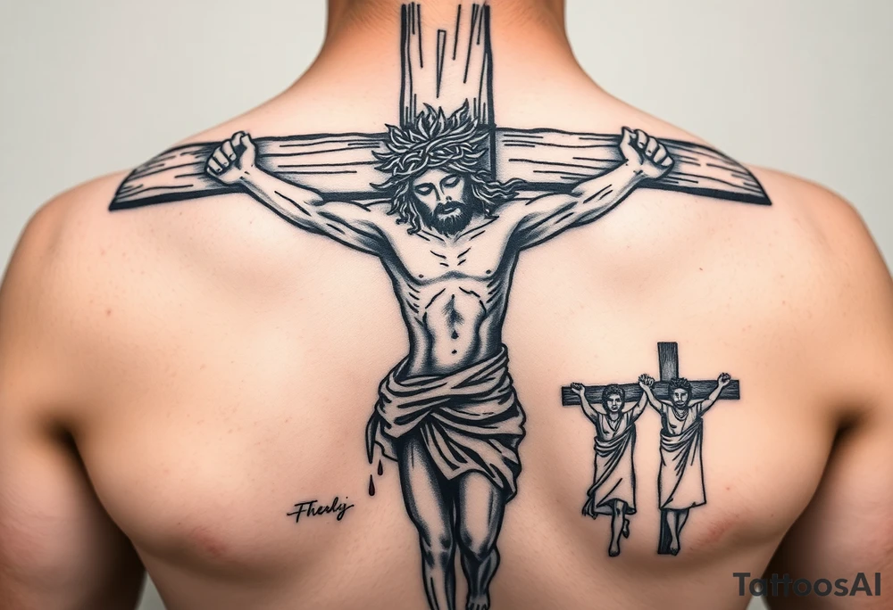 Jesus on the cross with the crown of thorn, blood dripping, the dark clouds above with lightining, the rod that was piereced in his stomach and the people watchig and the two other thieves beside Jesus on their own cross tattoo idea