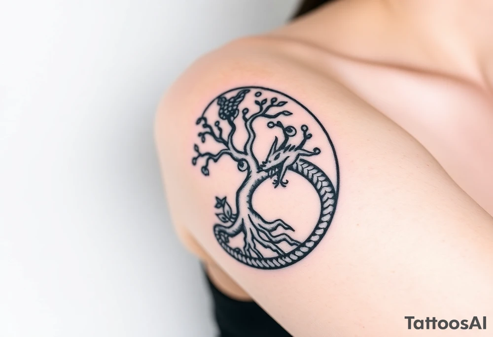 a dragon forming a circle with its body.  the dragon encircles the tree of life.   the tree of life has fruit  and the dragon is eating the fruit. the roots of the tree are strangling the tail of the dragon tattoo idea