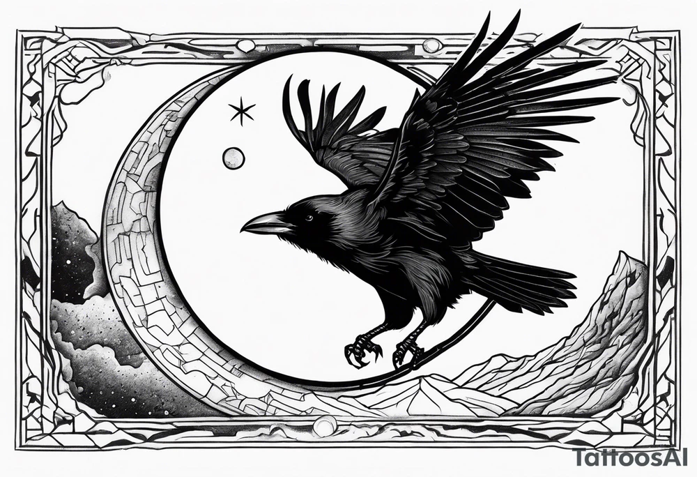 a scary black raven landing on the moon tattoo idea