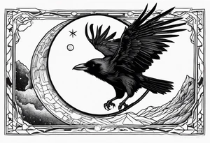 a scary black raven landing on the moon tattoo idea