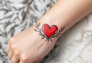 A red candy-heart design on each partner wrist tattoo idea