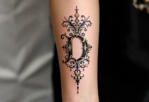 Baroque Ornate D – A royal-looking D with golden embellishments, scrollwork, and dark red shadowing for depth. tattoo idea
