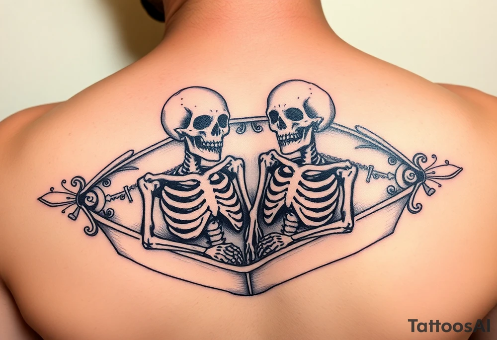 2 skeletons in a coffin together in a traditional style tattoo idea