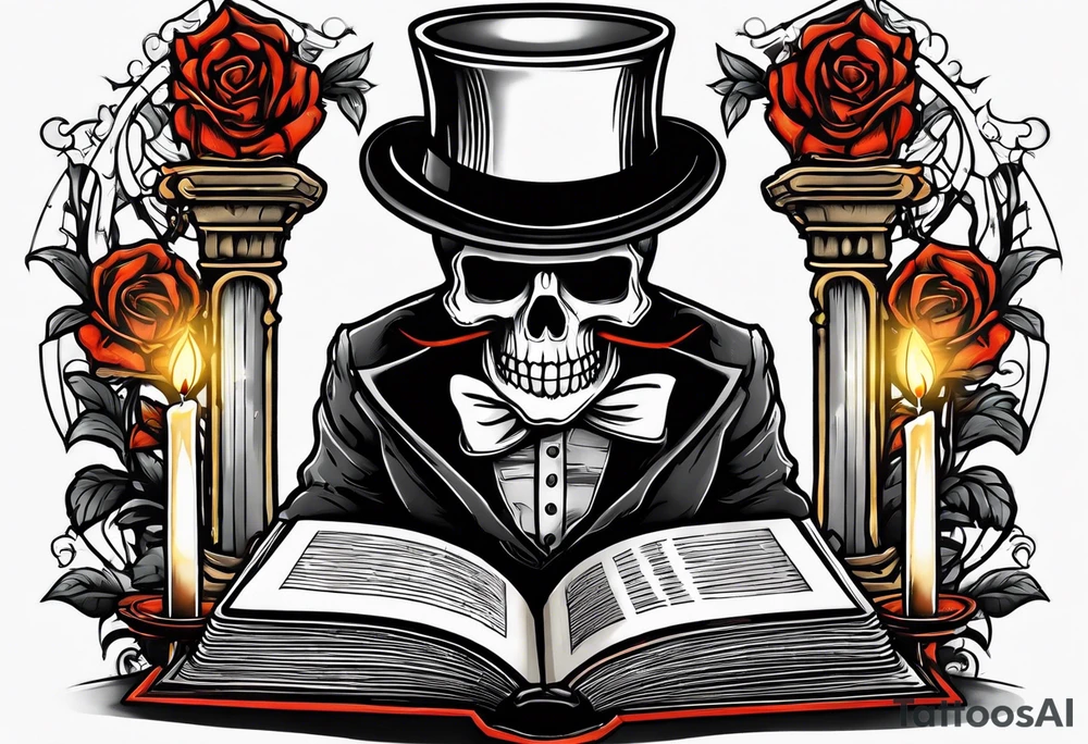 skeleton wearing a top hat reading a holy bible by candle light tattoo idea