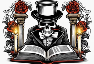 skeleton wearing a top hat reading a holy bible by candle light tattoo idea