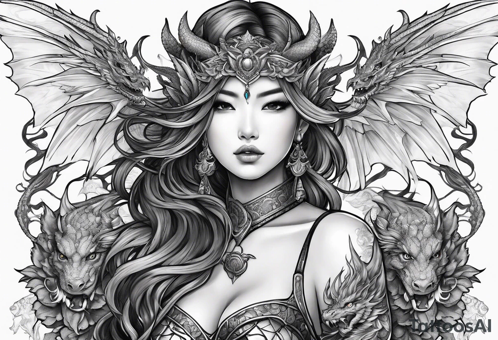 beautiful warrior nymph with dragon wings and dragon friends tattoo idea