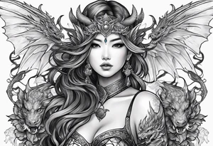 beautiful warrior nymph with dragon wings and dragon friends tattoo idea