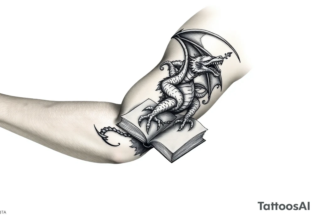arm sleeve, fantasy, incorporates existing small tattoo of a dragon flying out of a book located just above the back of the elbow, Dungeons and Dragons, Warcraft, Lord of the Rings,Forgotten Realms tattoo idea