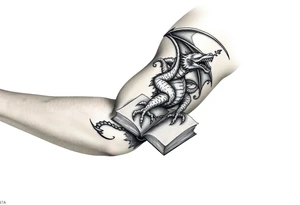 arm sleeve, fantasy, incorporates existing small tattoo of a dragon flying out of a book located just above the back of the elbow, Dungeons and Dragons, Warcraft, Lord of the Rings,Forgotten Realms tattoo idea