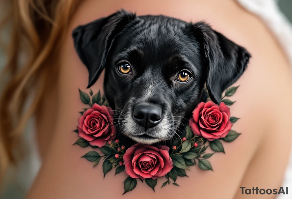 Stafford with Flowers – A soft black Stafford with a wreath of realistic red roses and green leaves around its neck, blending toughness with gentleness. tattoo idea