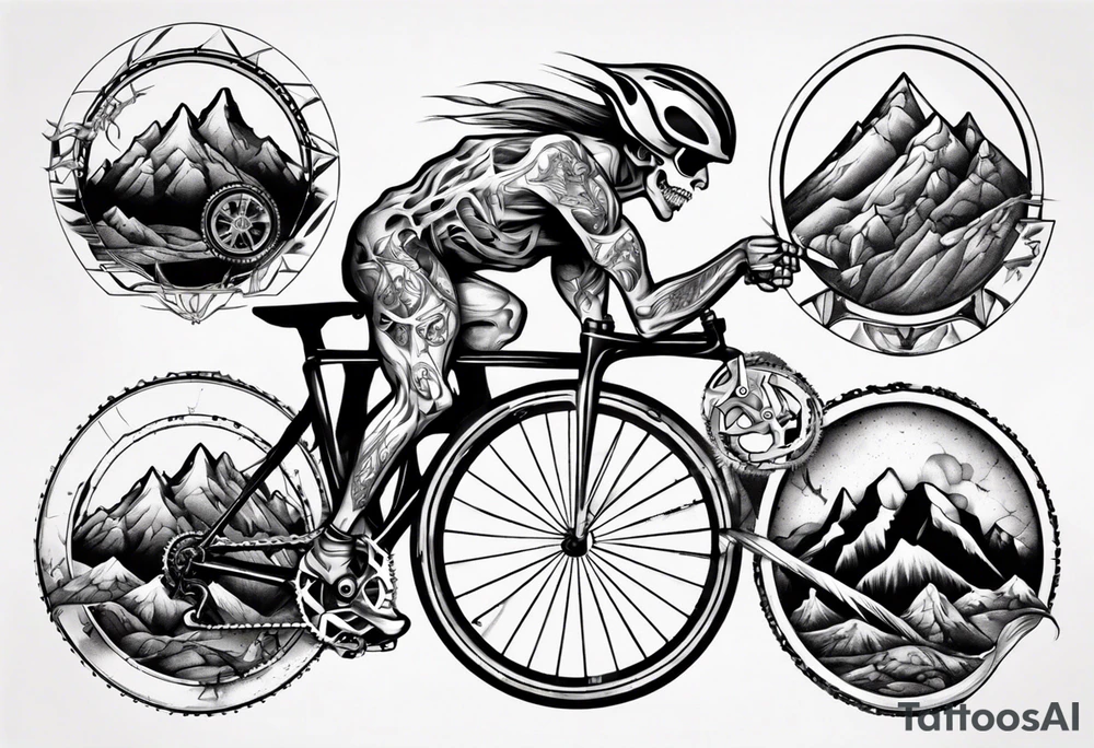 road bicycle and a mountain with a heavy weight tattoo idea