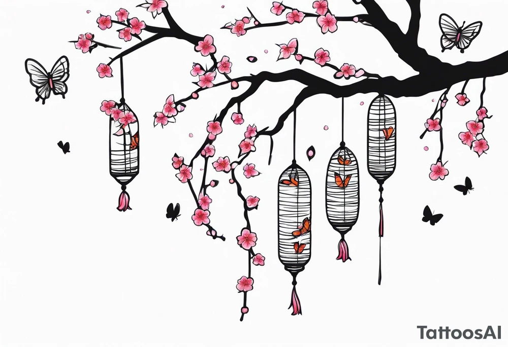 Cherry blossom weeping willow with butterflies and cocoons tattoo idea