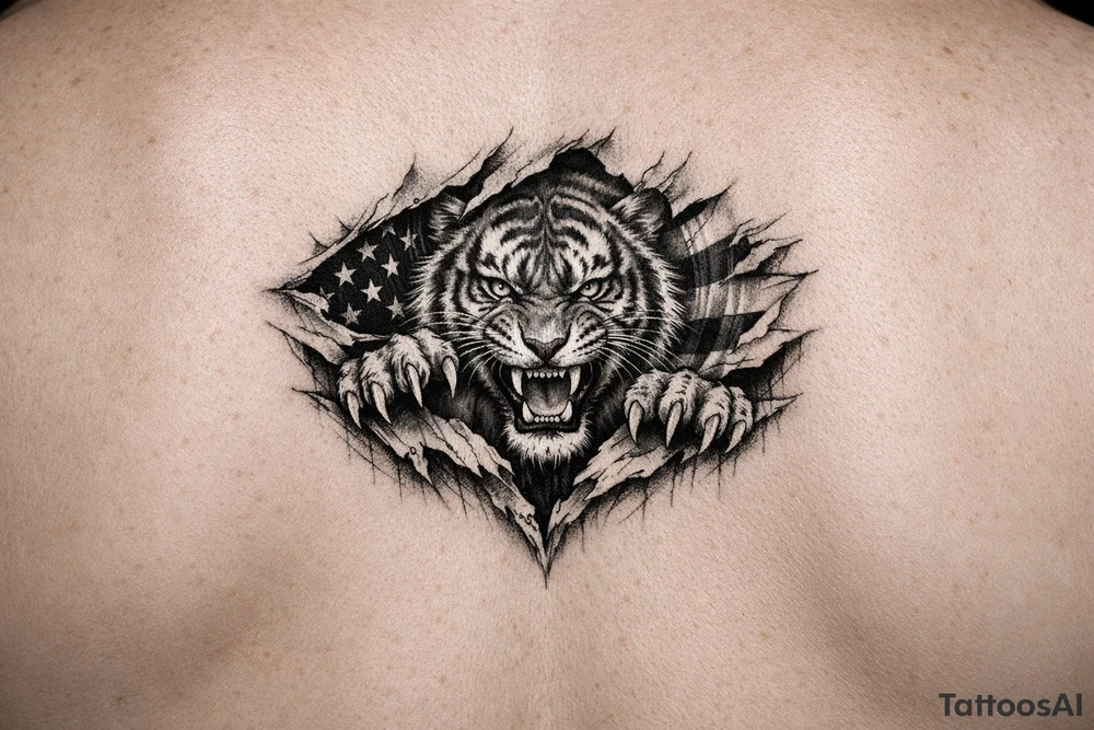 Tiger ripping throught the chest with the American Flag in the background. Almost like the Amercian Flag is the blood of the body. tattoo idea