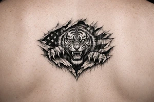 Tiger ripping throught the chest with the American Flag in the background.  Almost like the Amercian Flag is the blood of the body. tattoo idea