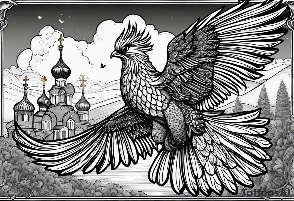 russian firebird in-flight with fancy tail and small onion cap monastery towers in background, with "Isaiah 43: 18-19" tattoo idea
