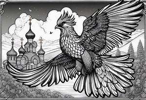 russian firebird in-flight with fancy tail and small onion cap monastery towers in background, with "Isaiah 43: 18-19" tattoo idea