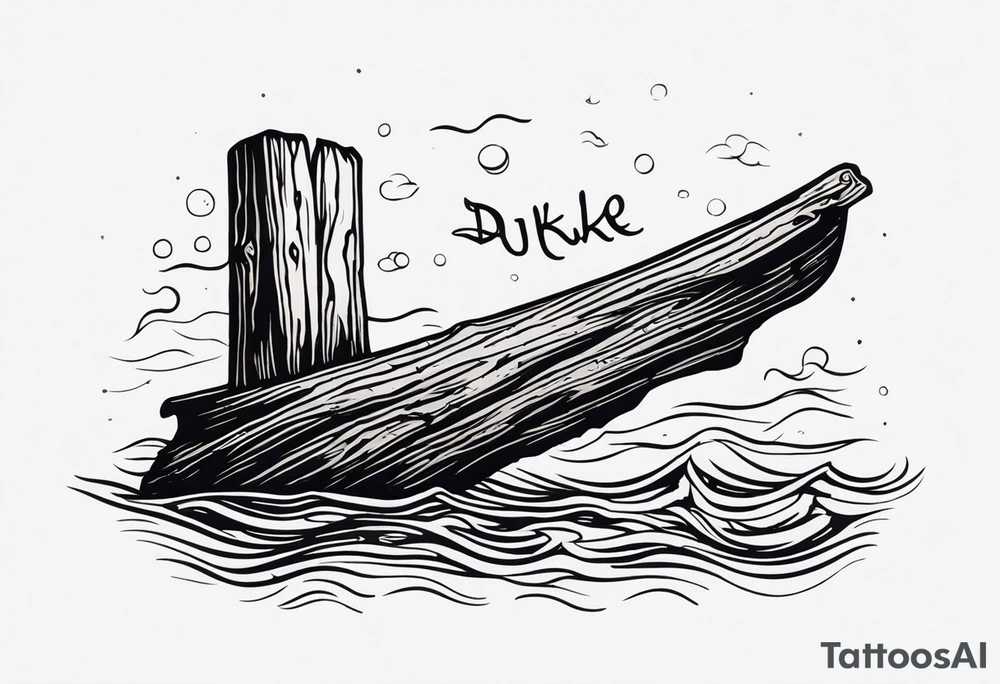 piece of driftwood underwater with duke written in the wood tattoo idea