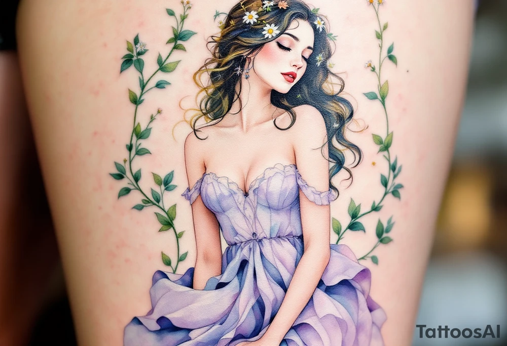 Alfons Mucha’s springtime spirit in a lavender dress, surrounded by mint green vines and delicate daisy-like blossoms. tattoo idea