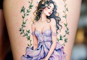 Alfons Mucha’s springtime spirit in a lavender dress, surrounded by mint green vines and delicate daisy-like blossoms. tattoo idea