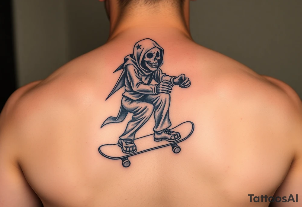 Colorful grim reaper riding skateboard tattoo idea