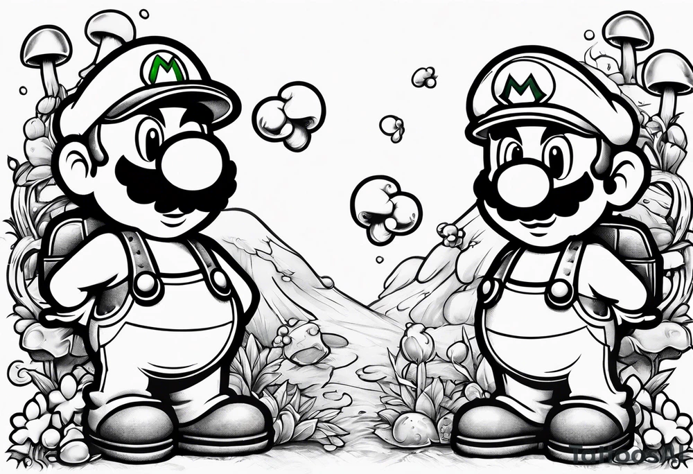 Mario and Luigi with toadstool and cannons and bombs tattoo idea