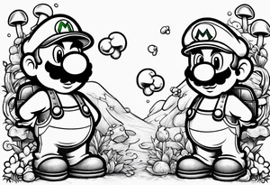 Mario and Luigi with toadstool and cannons and bombs tattoo idea