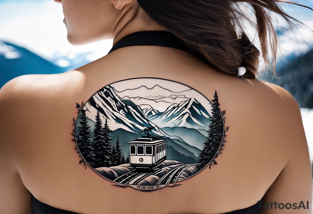 Create a large-scale tattoo design that starts at the lower back. The motif features a cable car ascending from a valley station into snowy mountains, leading to the top station. At the end of the cable car, it connects to a pair of ski goggles worn by a female head. In the lenses of the ski goggles, the snowy mountains should be reflected. Pay attention to realistic details of the mountains and the cable car, while the female head and ski goggles are stylized but clearly recognizable. The design should flow organically and extend upwards along the back. tattoo idea