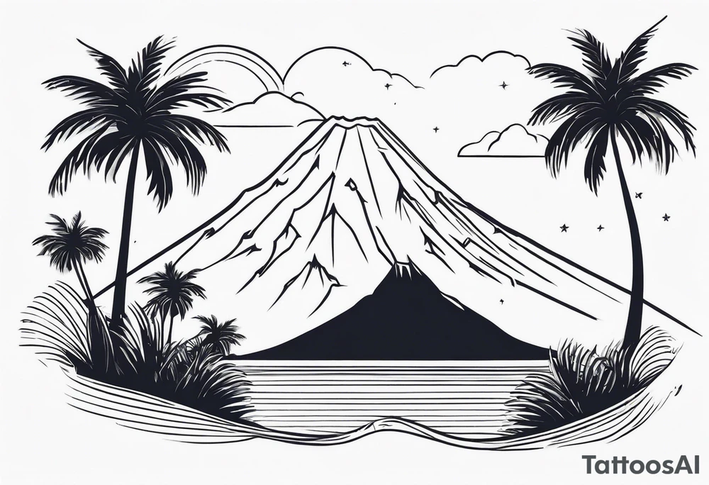 Fine line style. Thin and tall palmtree with a minimalist volcano in the back tattoo idea
