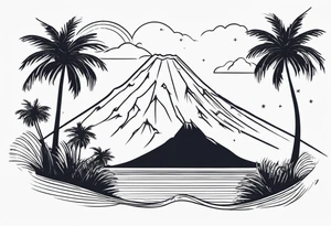 Fine line style. Thin and tall palmtree with a minimalist volcano in the back tattoo idea