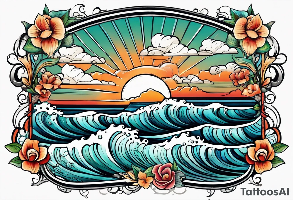 ocean waves with "come what may" written underneath in cursive for forearm tattoo idea