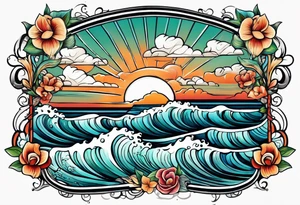 ocean waves with "come what may" written underneath in cursive for forearm tattoo idea